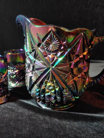 Vintage Fenton Amethyst Hobstar Iridescent Carnival Glass Pitcher w/4 Glasses