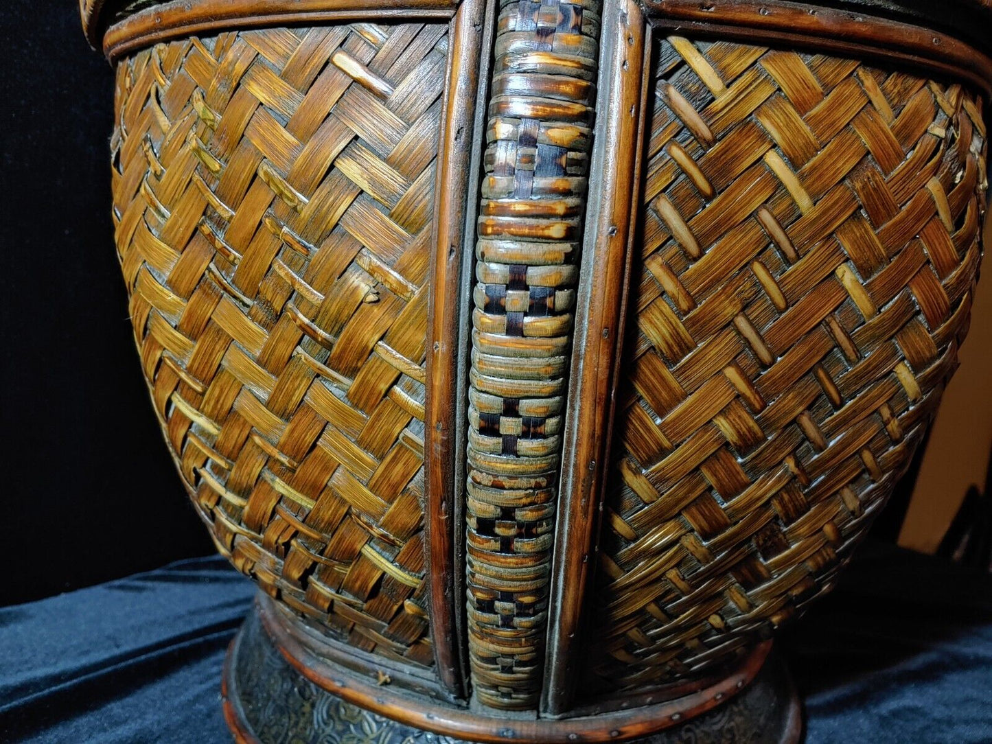 Vintage 15" D x 13" H Chinese Covered Basket Woven Rattan Beautiful Piece!