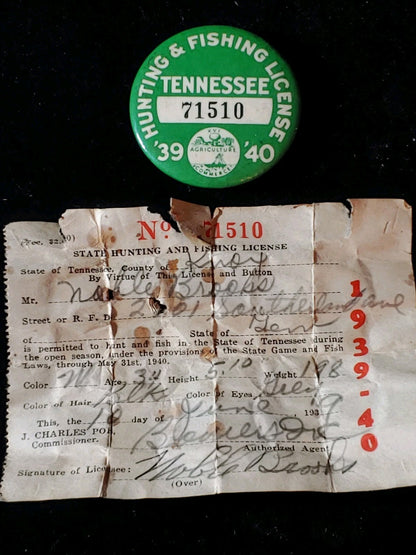 RARE!  1939-40 Tennessee Hunting Fishing Tag Button License Green Paper Tag