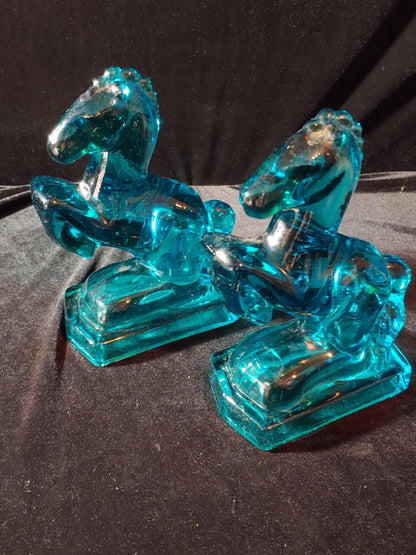 Blue Glass Horse Bookends by  L. E. Smith Mid Century