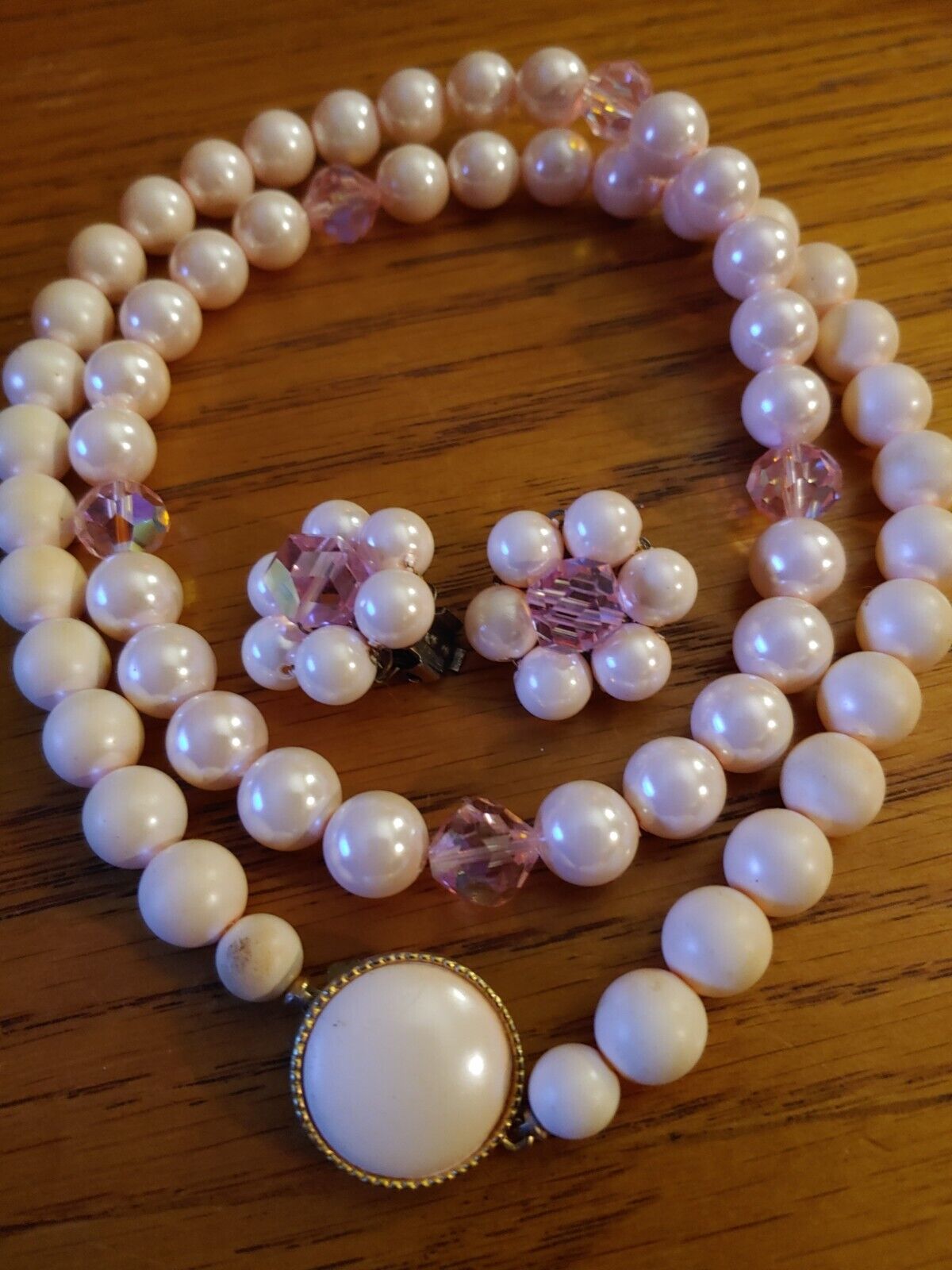 Double Pearl Bead Necklace about 20" w/Earrings