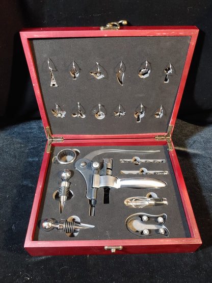 New 20-Piece Wine Set Corkscrew Bar Tools Charms Wooden Box NIB