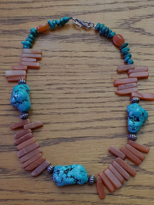 Vintage Native American Red Jasper Blue Turquoise Silver Bead Necklace 16"