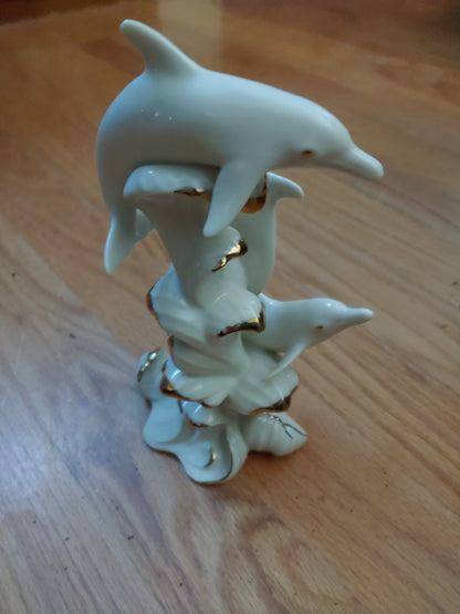 LENOX H-4 Handcrafted "Wave Dancers" Dolphins Porcelain Gold Accents