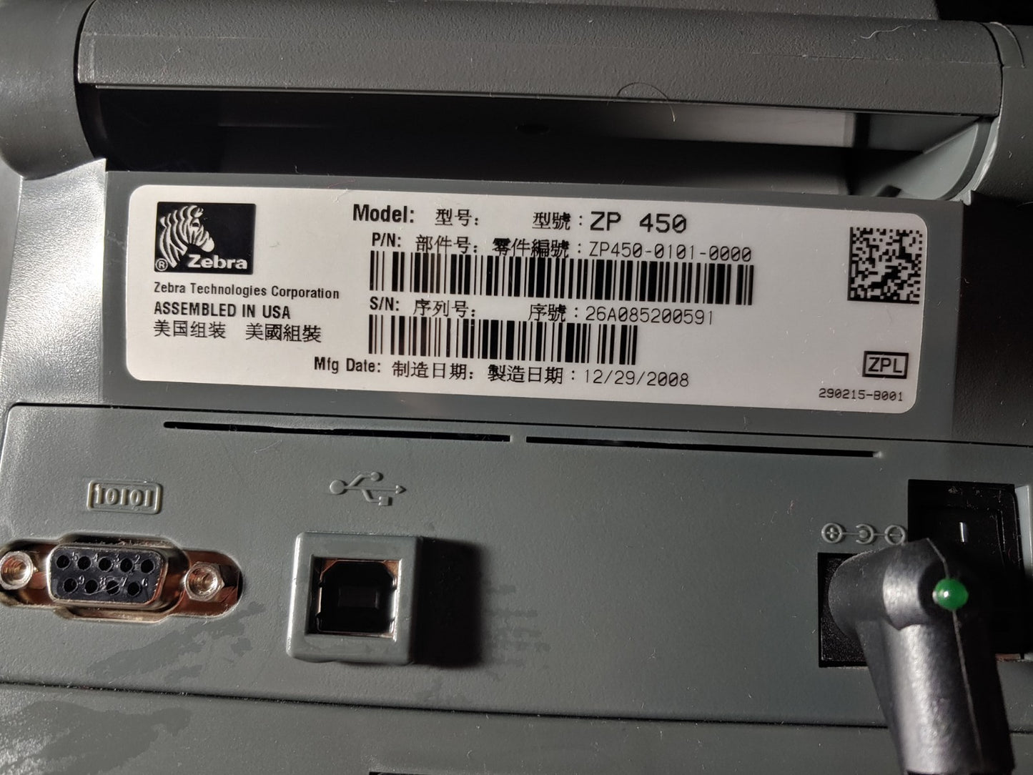 REDUCED! Zebra ZP450 Thermal Label Printer 4" Wide Label USB 2 Rolls Inc.