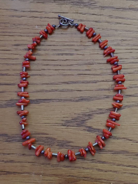 Vintage Hand Made Red Coral Chip Necklace Sterling Silver 925 16"
