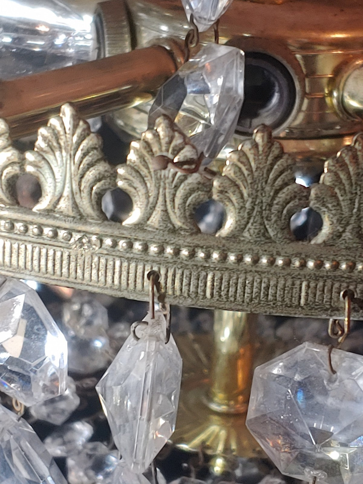 Antique French Empire Crystal Basket Chandelier with Filigree Brass Ring