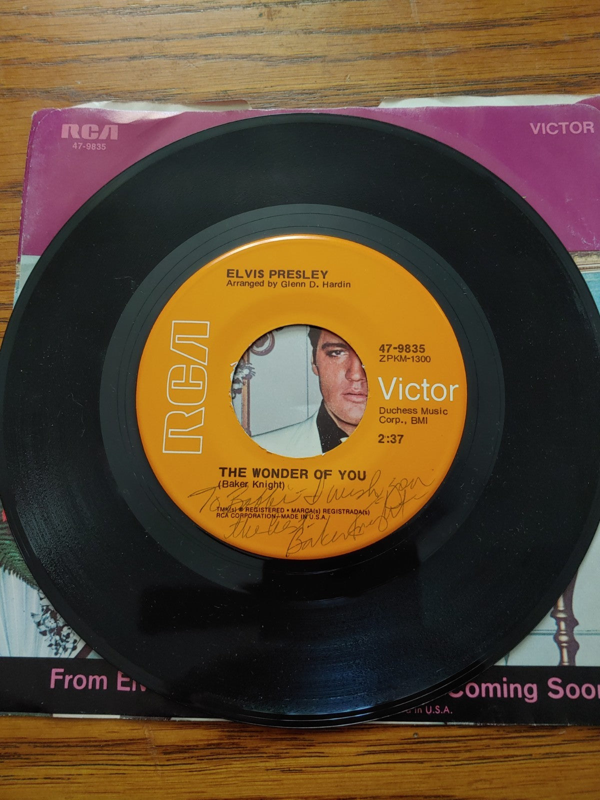 Elvis 1970 The Wonder Of You / Mama Liked The Roses 45 EX Signed Baker Knight