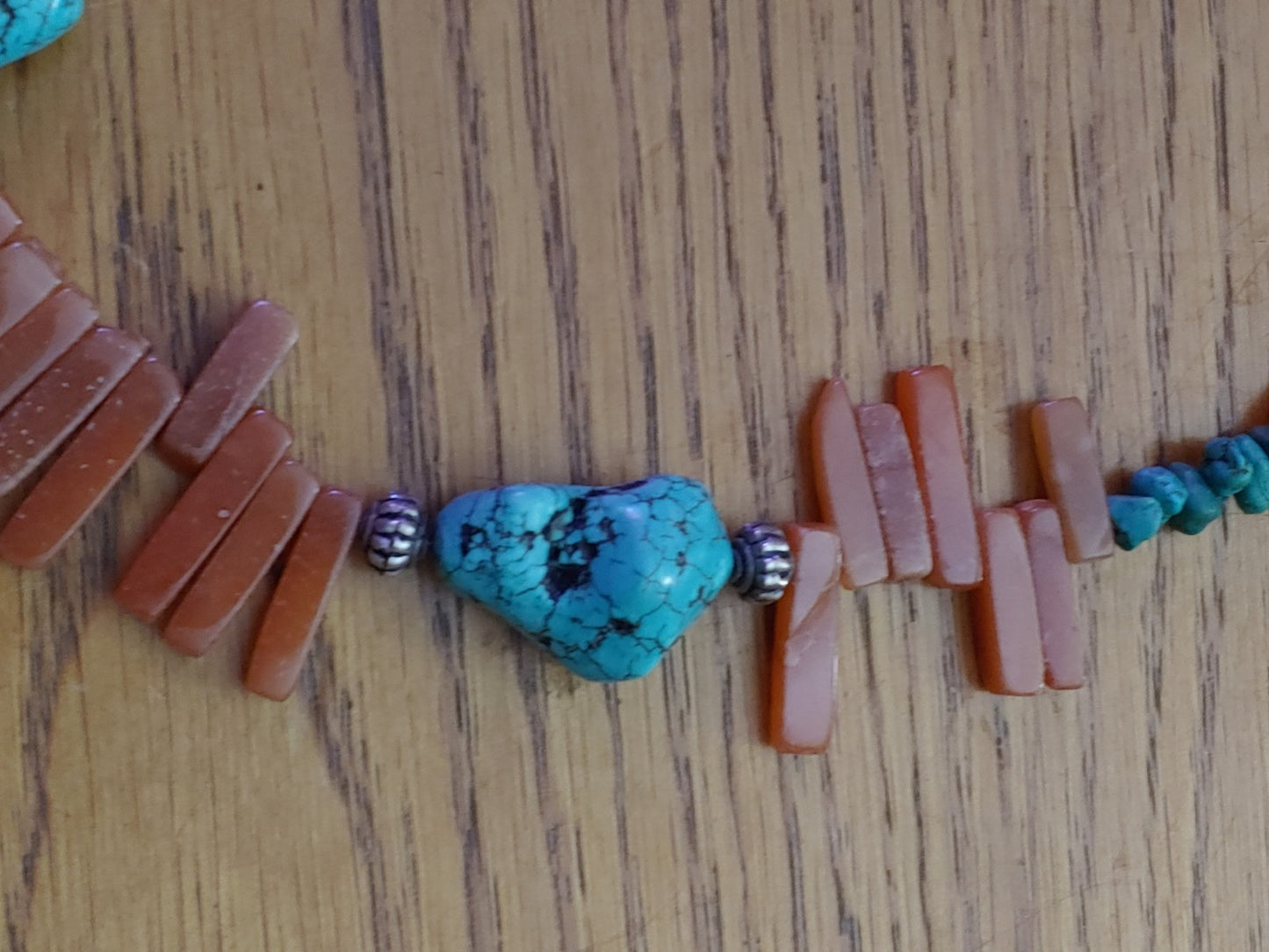 Vintage Native American Red Jasper Blue Turquoise Silver Bead Necklace 16"