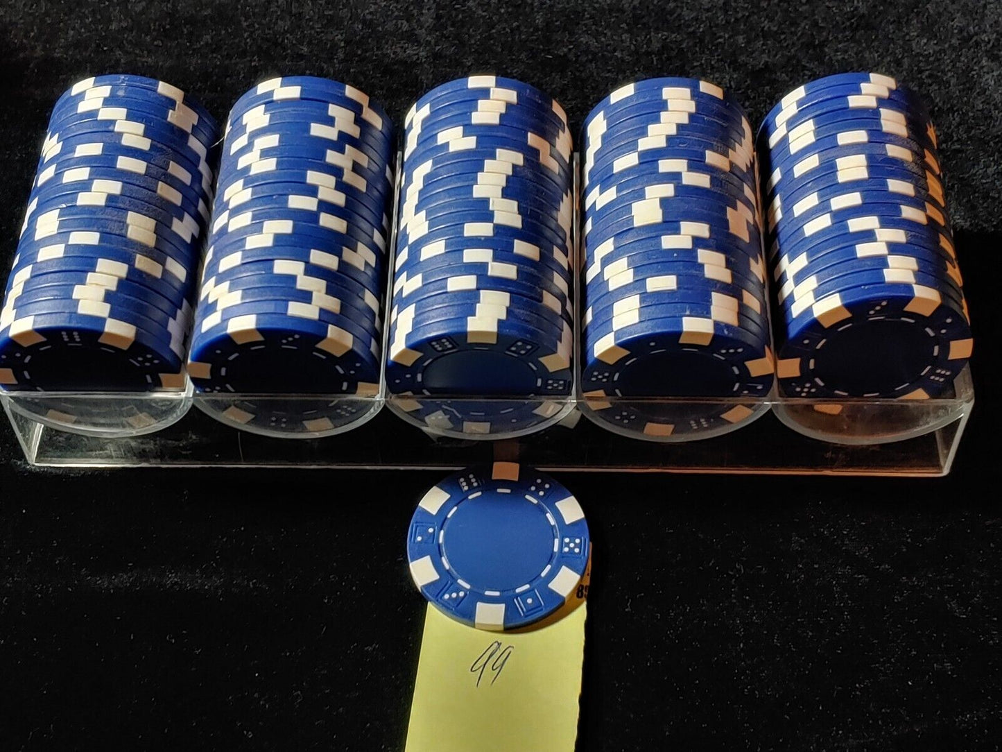 99 Blue Casino Striped Dice Poker Chips 11.5 Gram Chips Set w/Clear Rack