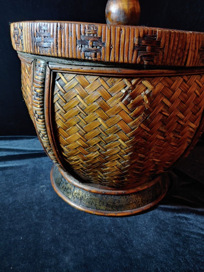 Vintage 15" D x 13" H Chinese Covered Basket Woven Rattan Beautiful Piece!