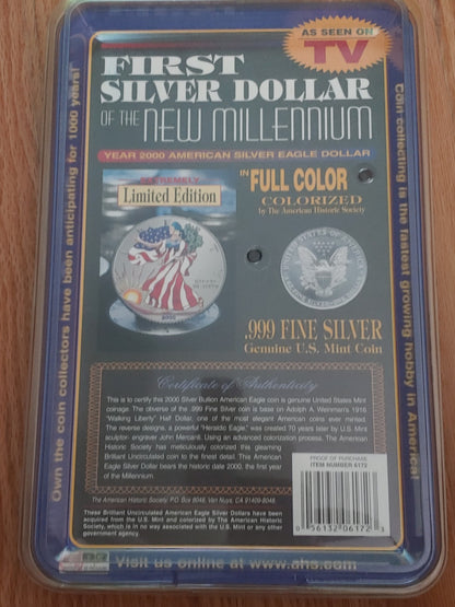 2000 Colorized American Silver Eagle Dollar in Original Package 1 OZ .999 Silver